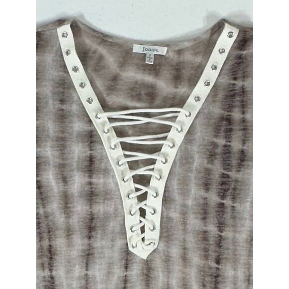 JodiFL Womens Shirt Blouse Sz Small Semi Sheer Brown Cream Tie Dye Lace Up Neck - Picture 9 of 10